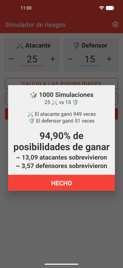 Simulador de Batalla Risk mostrando ejércitos atacante y defensor con probabilidad de victoria