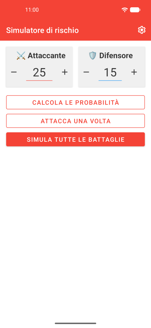 Inserimento delle dimensioni delle armate attaccante e difensore prima della simulazione