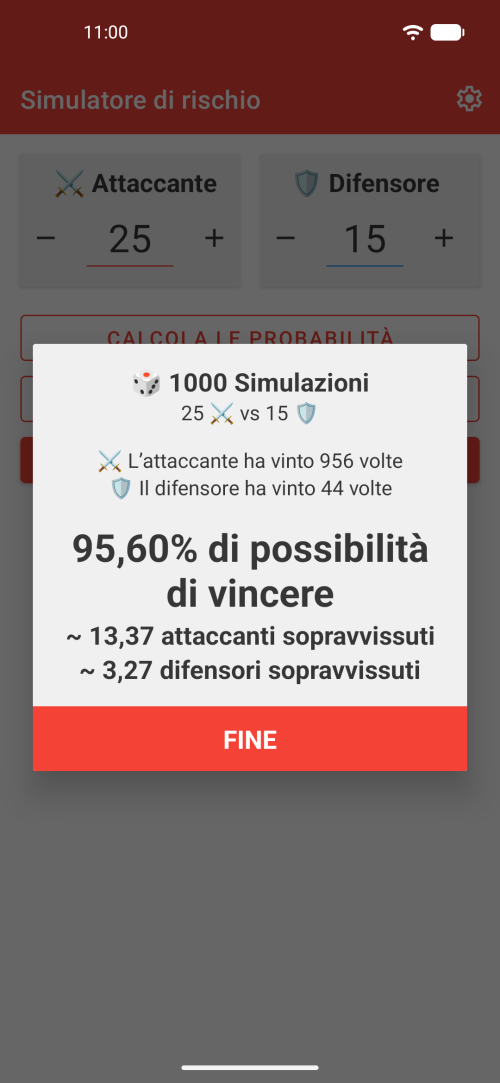 Simulatore Battaglia Risk con armate attaccante e difensore e probabilità di vittoria