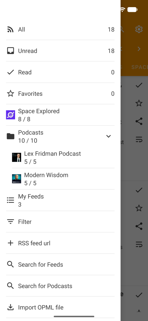RSS Reader Offline main menu with All, Unread, Read, Favorites, podcasts and feed list