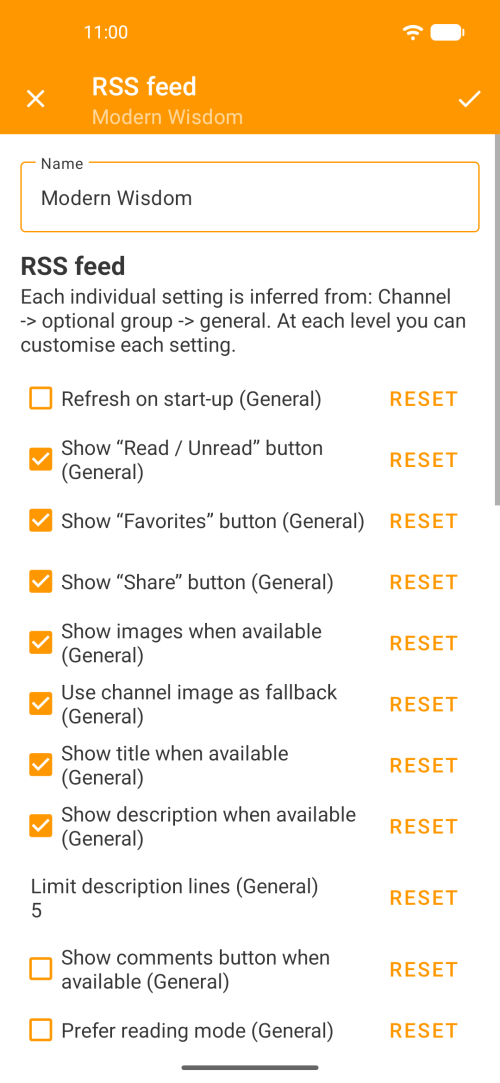 Individual RSS feed settings with customizable display options and reset buttons