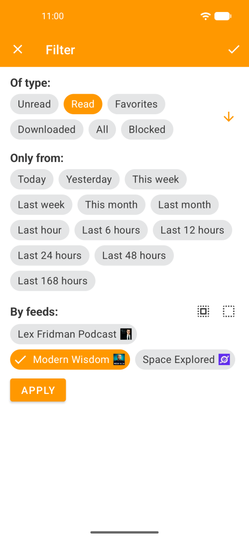 Advanced filter screen by type, time range and specific feeds