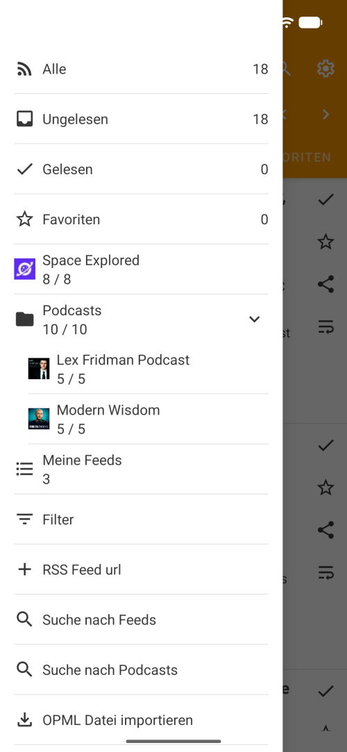 Hauptmenü des Offline-RSS-Readers mit Alle, Ungelesen, Gelesen, Favoriten, Podcasts und Feed-Liste