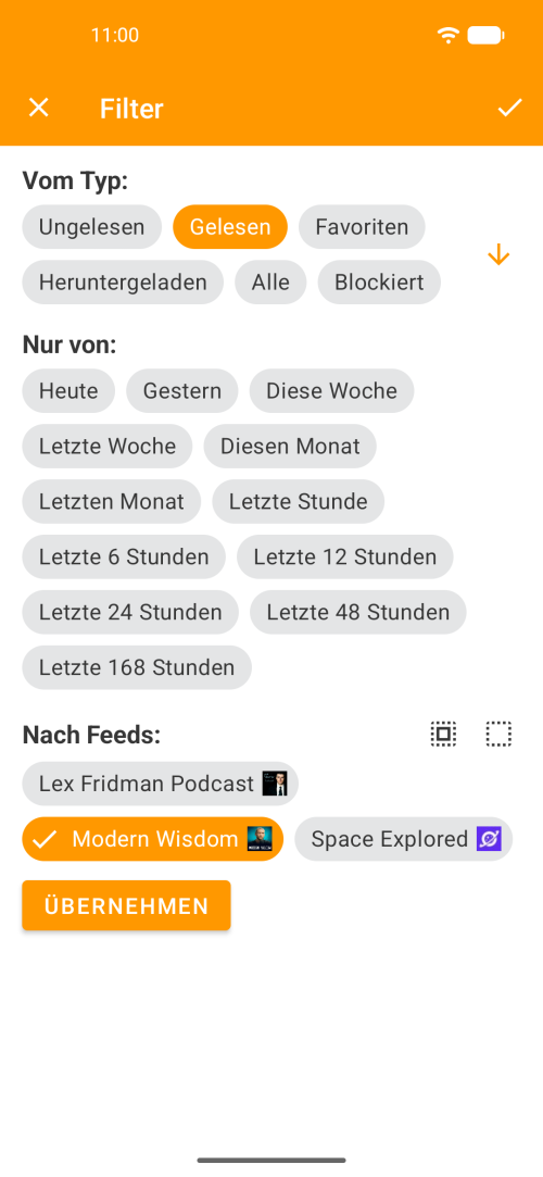 Erweiterter Filter-Bildschirm nach Typ, Zeitraum und bestimmten Feeds