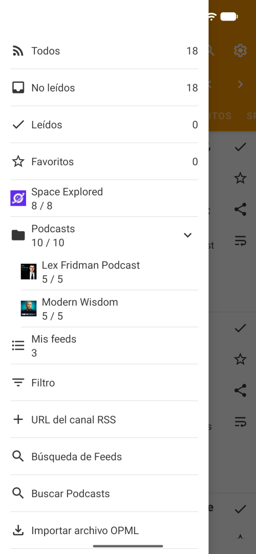 Menú principal del lector RSS offline con Todos, No leídos, Leídos, Favoritos, podcasts y lista de feeds