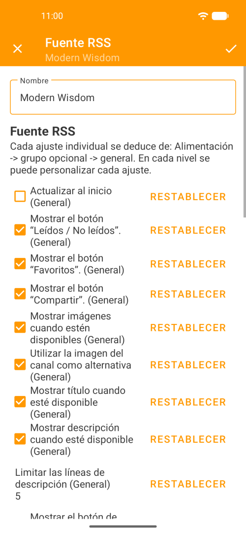 Ajustes de un feed RSS individual con opciones de visualización personalizables y botones de restablecer