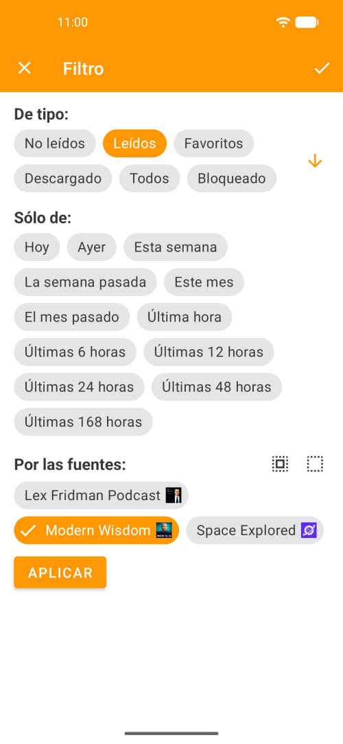 Pantalla de filtros avanzados por tipo, rango de tiempo y feeds específicos
