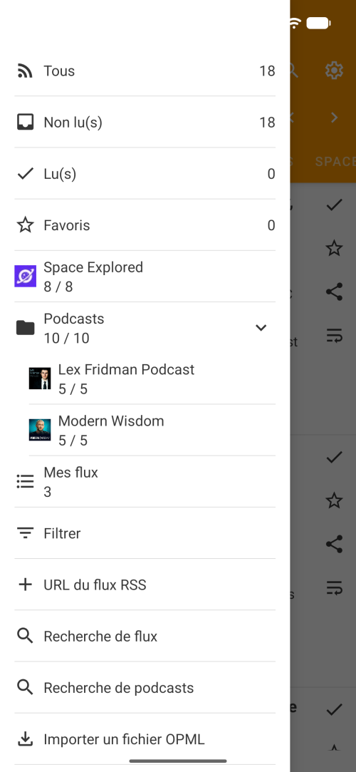 Menu principal du lecteur RSS hors ligne avec Tout, Non lus, Lus, Favoris, podcasts et liste de flux