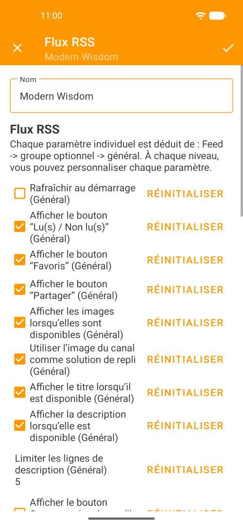 Paramètres d’un flux RSS individuel avec options d’affichage personnalisables et boutons de réinitialisation