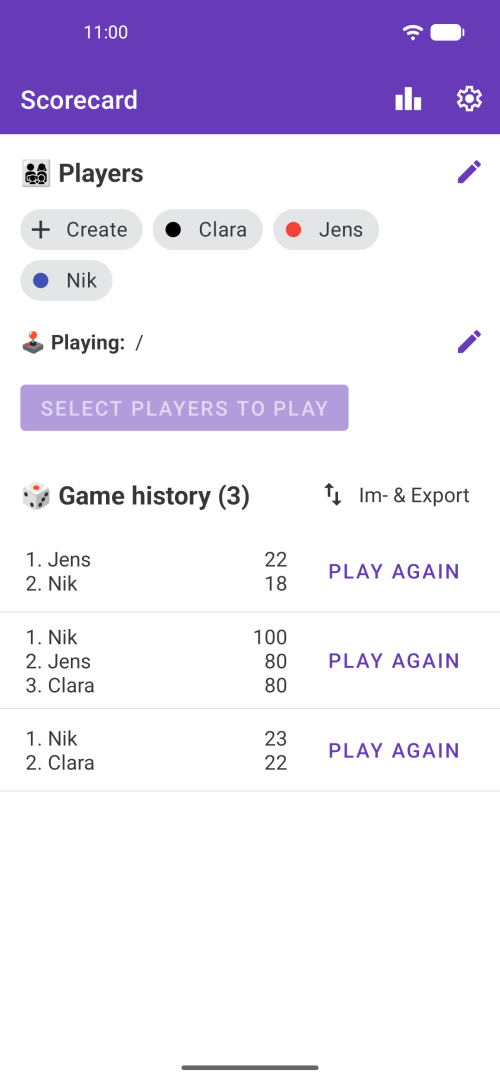 Select your players and play any game or browse your Game history showing Score Sheets