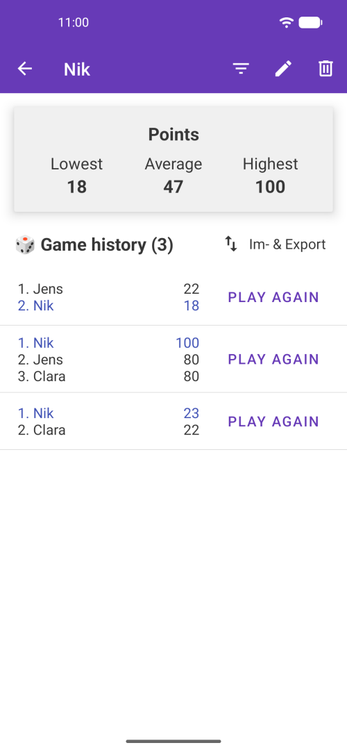 Player profile page with detailed statistics and game history