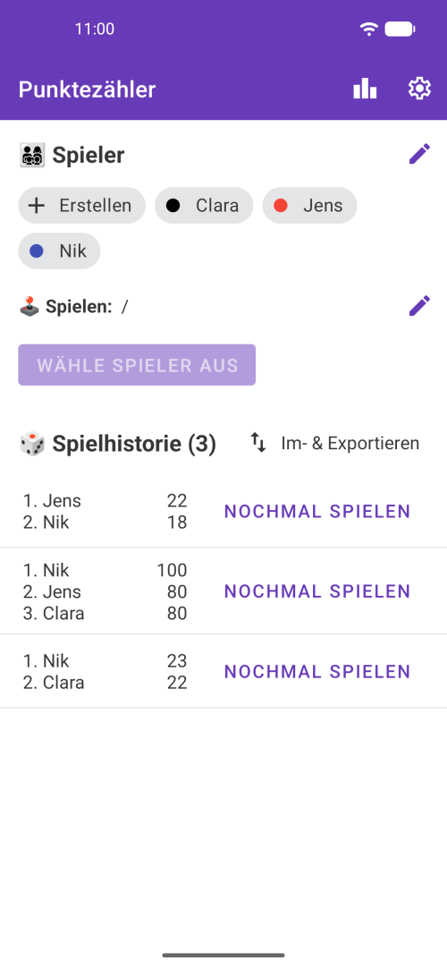 Wählen Sie Ihre Spieler aus und spielen Sie ein beliebiges Spiel oder sehen Sie sich Ihren Spielverlauf mit den Spielprotokollen an