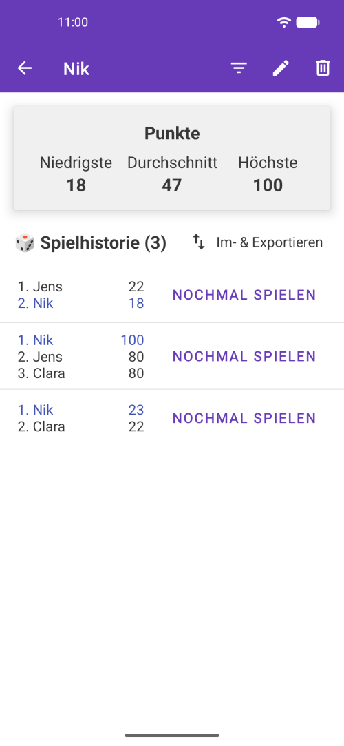 Spieler-Profilseite mit detaillierten Statistiken und Spielhistorie
