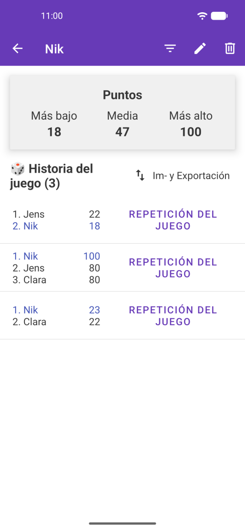 Página de perfil del jugador con estadísticas detalladas e historial de partidas