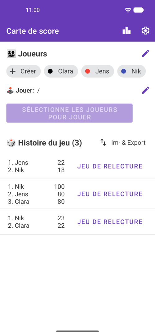 Sélectionnez vos joueurs et lancez n'importe quelle partie, ou consultez l'historique de vos parties avec les feuilles de score.