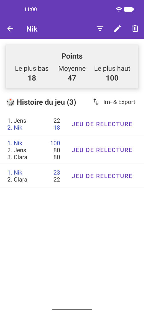 Page de profil du joueur avec statistiques détaillées et historique des parties