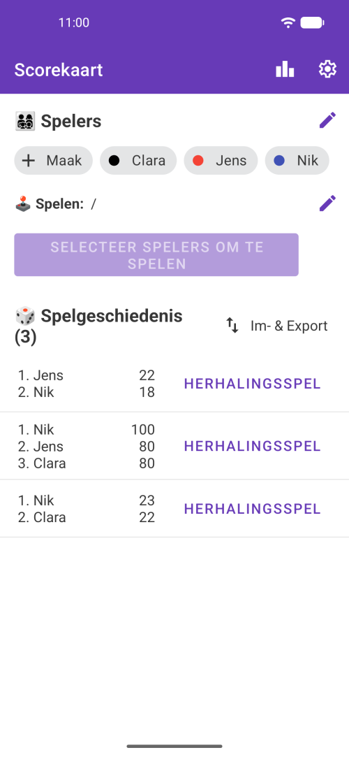 Kies je spelers en speel een willekeurig spel, of blader door je spelgeschiedenis met de scoreoverzichten