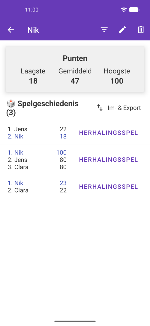 Spelersprofielpagina met gedetailleerde statistieken en speelgeschiedenis
