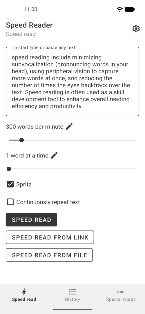 Settings for words per minute, number of words and theme