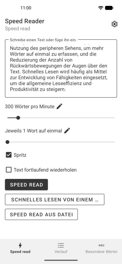 Einstellungen für Wörter pro Minute, Anzahl der Wörter und Theme