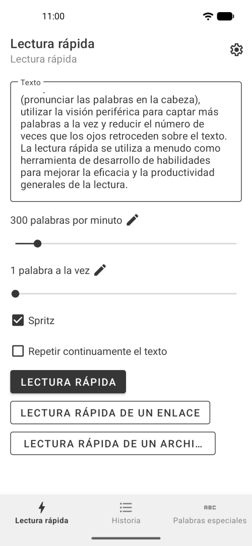 Ajustes de palabras por minuto, número de palabras y tema