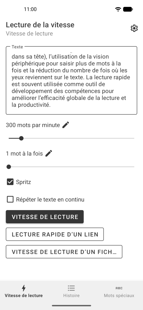 Réglages des mots par minute, nombre de mots et thème