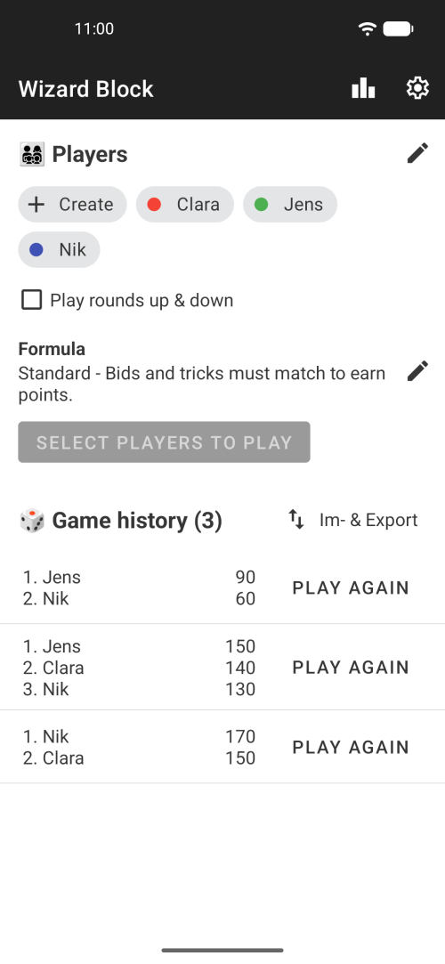 Select your players and play Wizard or browse your Wizard Game history showing previous Wizard score sheets