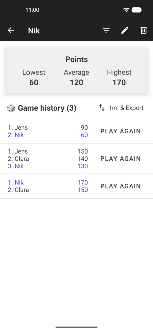 Player profile and game history with previous Wizard score sheets