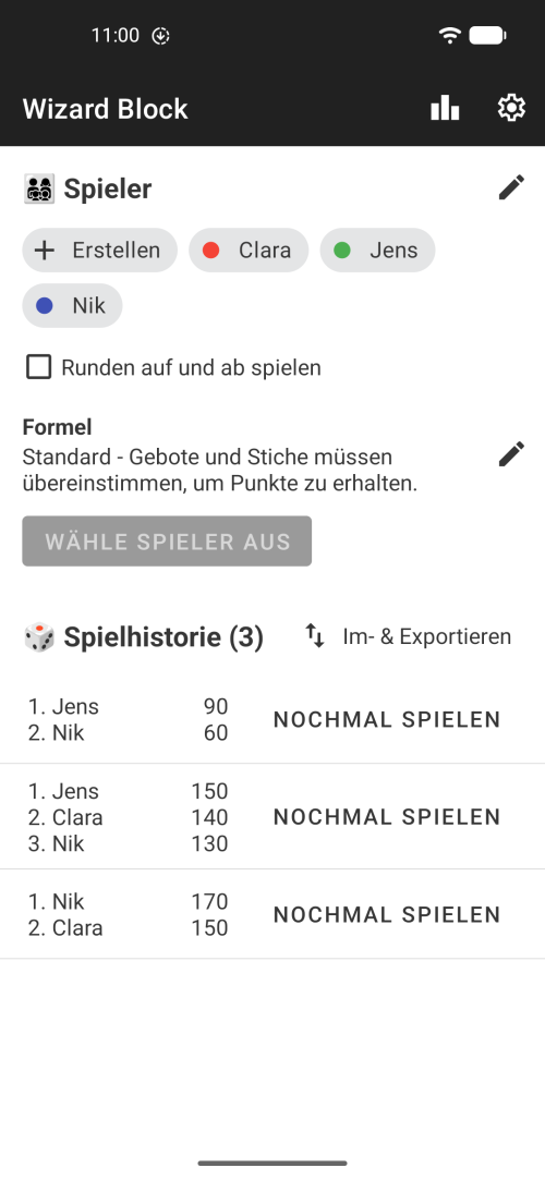 Wähle deine Spieler aus und spiele Wizard oder durchstöbere deinen Wizard-Spielverlauf mit den bisherigen Wizard-Spielbögen