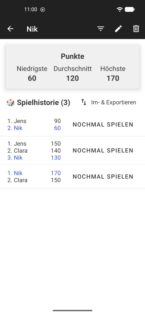 Spielerprofil und Spielhistorie mit früheren Wizard-Scoreblättern