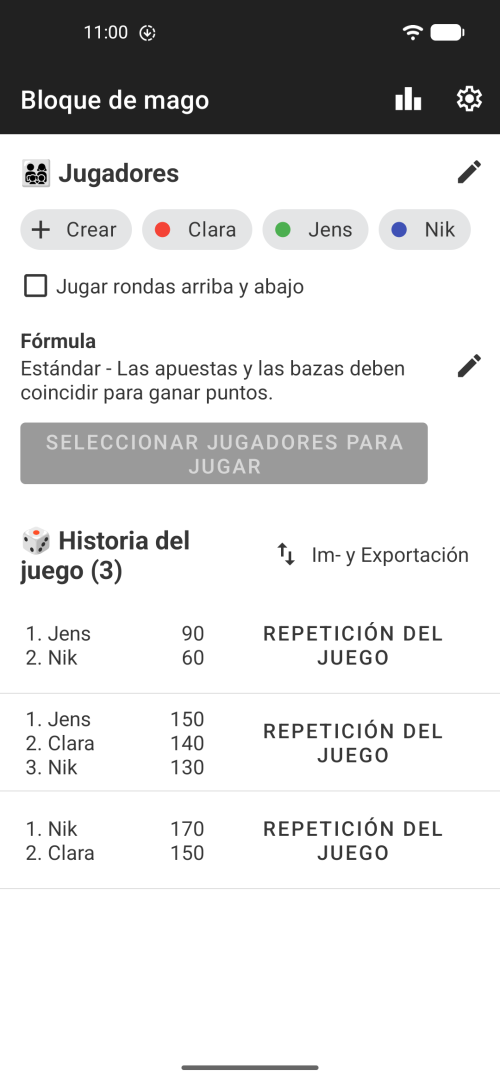 Selecciona a tus jugadores y juega a Wizard, o consulta tu historial de partidas de Wizard, donde se muestran las hojas de puntuación anteriores de Wizard.