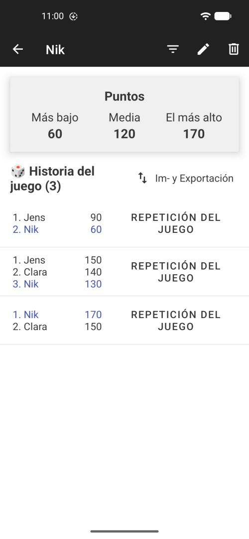 Perfil de jugador e historial de partidas con hojas de puntuación anteriores de Wizard