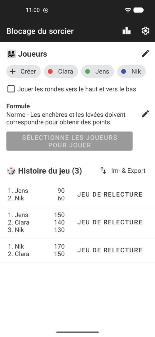 Sélectionnez vos joueurs et lancez une partie de Wizard, ou consultez l'historique de vos parties de Wizard pour voir vos feuilles de score précédentes.