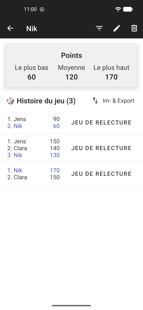 Profil joueur et historique des parties avec d’anciennes feuilles de score Wizard