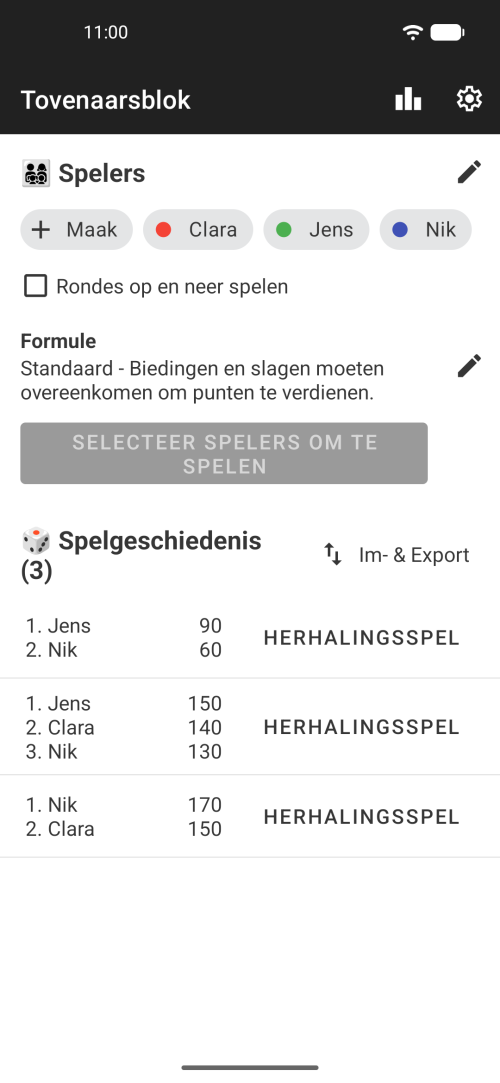 Kies je spelers en speel Wizard, of bekijk je Wizard-spelgeschiedenis met eerdere Wizard-scoreoverzichten