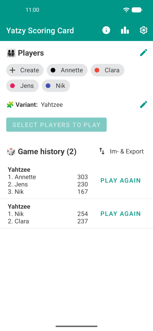 Select your players, choose the Yatzy variant and play or browse your Yatzy Game history showing previous Yatzy score sheets
