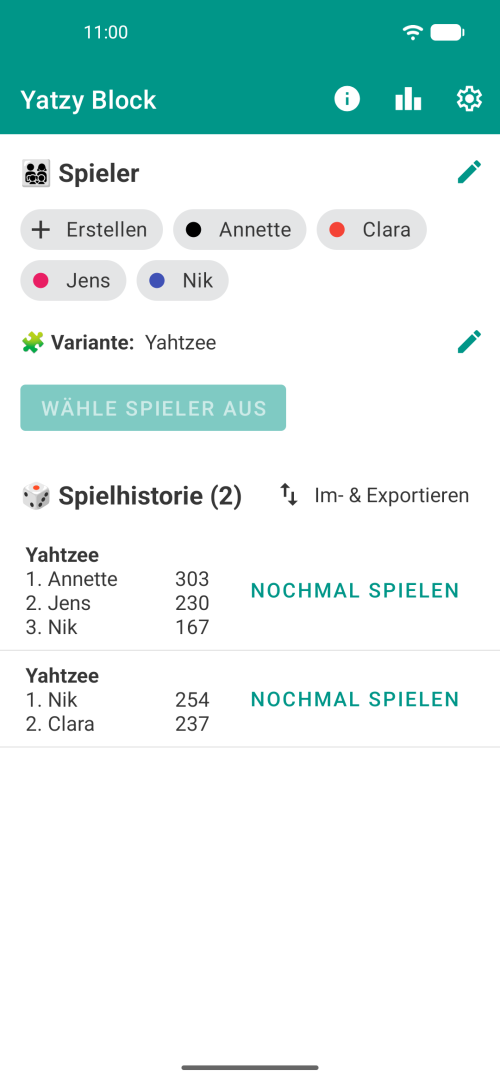 Wähle deine Spieler aus, wähle die Yatzy-Variante und spiele oder durchstöbere deinen Yatzy-Spielverlauf mit den bisherigen Yatzy-Spielbögen