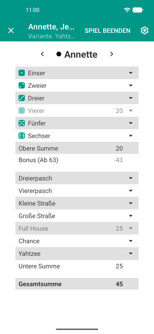 Yatzy-Punktetabelle – Ansicht des Spielbogens mit allen Ergebnissen
