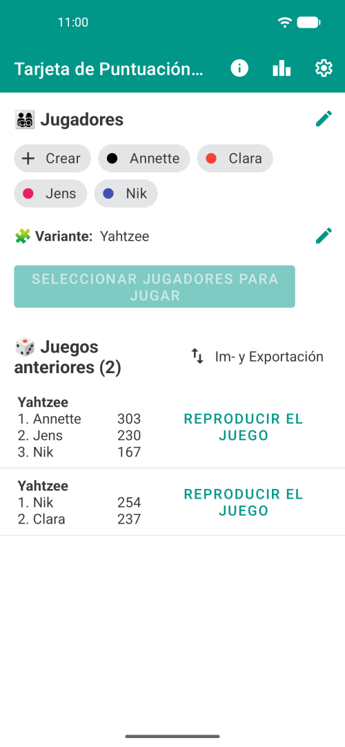 Selecciona a tus jugadores, elige la variante de Yatzy y juega, o consulta tu historial de partidas de Yatzy, donde podrás ver las hojas de puntuación anteriores.