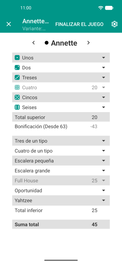 Entrada de la tarjeta de puntuación de Yatzy: muestra la hoja de puntuación con todas las puntuaciones