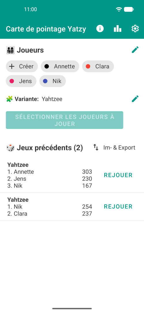 Sélectionnez vos joueurs, choisissez la variante de Yatzy et jouez, ou consultez l'historique de vos parties de Yatzy pour voir vos feuilles de score précédentes.