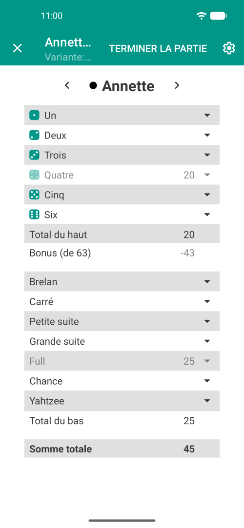 Fiche de score Yatzy : affichage de la feuille de score avec tous les scores