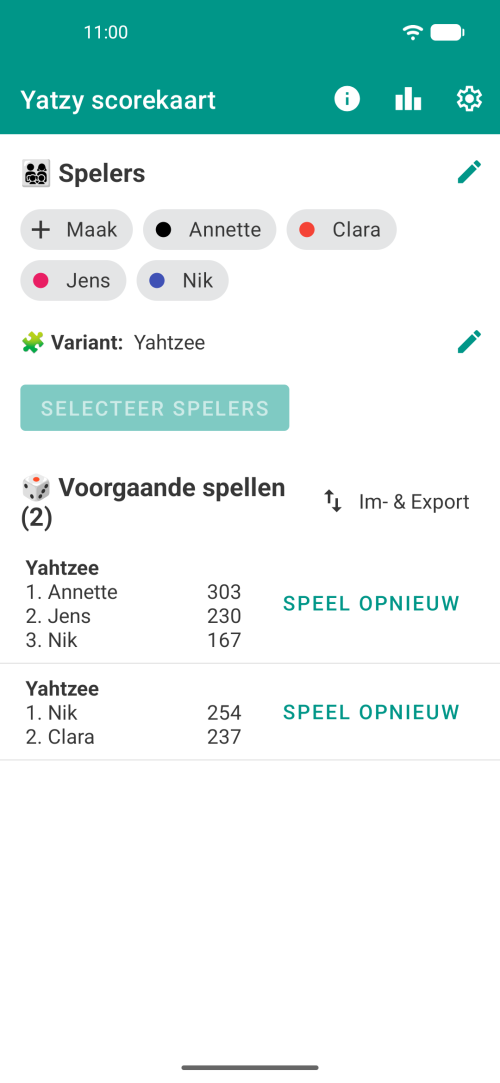 Kies je spelers, selecteer de Yatzy-variant en speel, of bekijk je Yatzy-spelgeschiedenis met eerdere Yatzy-scoreformulieren