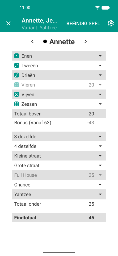 Yatzy-scorekaart: weergave van het scoreblad met alle scores